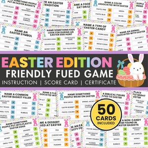 May include: A set of 50 Easter-themed game cards featuring a bunny rabbit illustration. The cards include various prompts for a friendly feud game, such as naming a common Easter basket filler, a type of Easter candy, or a colour associated with Easter. The cards are printed on white cardstock with colourful borders and illustrations.