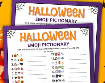 May include: A printable Halloween emoji game with the title "Halloween Emoji Pictionary". The game instructions are "Use these emojis to guess the Halloween related words and phrases". The game includes 22 emoji clues and blank lines for players to write their answers.