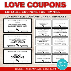 Editable Love Coupons, Love Coupon Book for Him, Printable Love Coupons, Valentine Love Coupons, Anniversary Gift, Birthday Gift for Her
