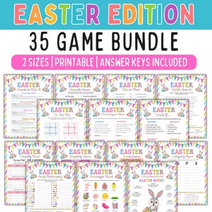 Op de afbeelding: Een verzameling van 35 afdrukbare spelkaarten met een paasthema. De kaarten bevatten een verscheidenheid aan spellen, waaronder "Minute to Win It", "Charade Game", "This or That", "Riddle Search", "Tic Tac Toe", "What's in Your Phone", "Drink If", "Friendly Feud", "Jeopardy Game", "Trivia Game", "Category Race", "Image Pictionary", "Scavenger Hunt", "Who is More Like the Easter Bunny", and "Easter Bingo".