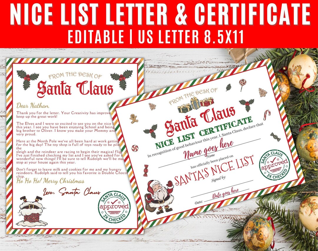 Editable Santa Letter & Nice List Certificate Bundle (digital Download ...