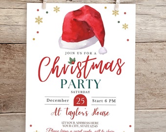 May include: A white Christmas party invitation with a red Santa hat illustration. The invitation includes the text "Join us for a Christmas Party", "Saturday, December 25, Start 6 PM", "At Taylor's House", "123 Your Address Here, Your City, State 12345", "Please bring a secret Santa gift to share", and "RSVP to Joshua 123-456-7890".