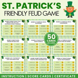 Könnte beinhalten: St. Patrick's Day Friendly Feud Spiel mit 50 Karten. Das Spiel zeigt grünen und weißen Text auf grünem Hintergrund, mit Illustrationen eines Leprechauns und Kleeblättern. Enthält Anweisungen, Spielkarten und ein Zertifikat.