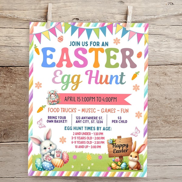 Editable Easter Egg Hunt Flyer Template, Printable Easter Egg Hunt invitation for PTO, Church Community fundraiser, Easter Fundraiser, Canva