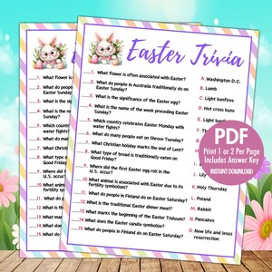 May include: A printable Easter trivia game with 15 questions and answers. The game features a cute bunny rabbit illustration and a colorful striped background.