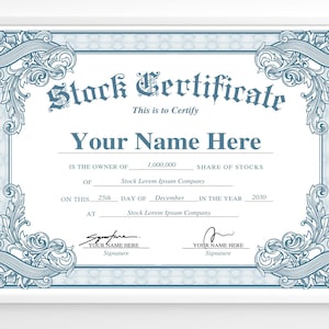 Customizable stock certificate with ornate borders and elegant typography. Perfect for corporate or investment use. Vintage, professional design. Use as share, equity or capital certificate. Instant download.