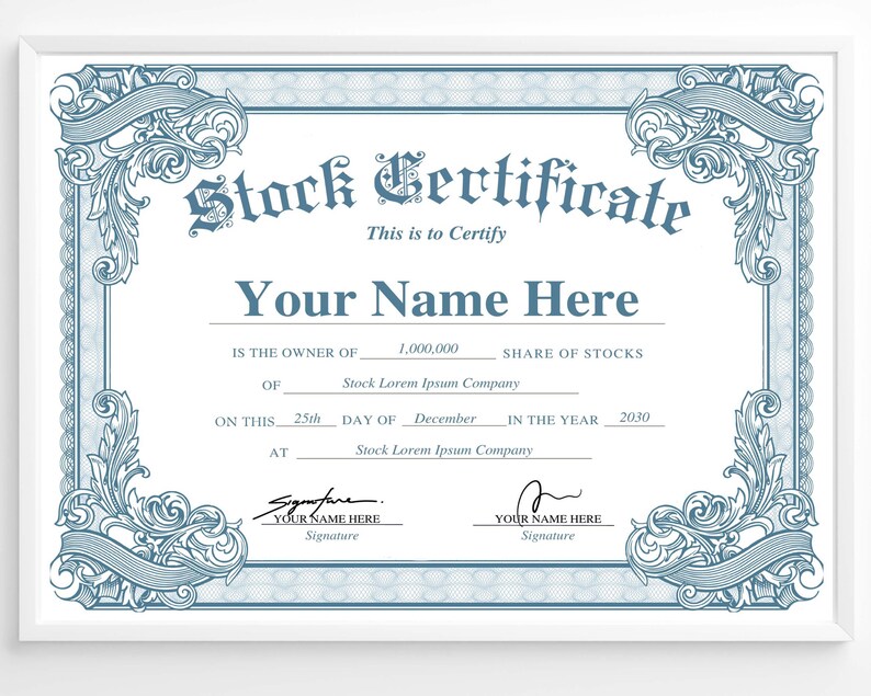 Customizable stock certificate with ornate borders and elegant typography. Perfect for corporate or investment use. Vintage, professional design. Use as share, equity or capital certificate. Instant download.