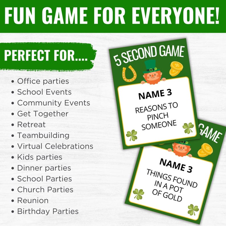 St. Patrick's Day 5 Second Game – Printable Party Challenge (instant ...