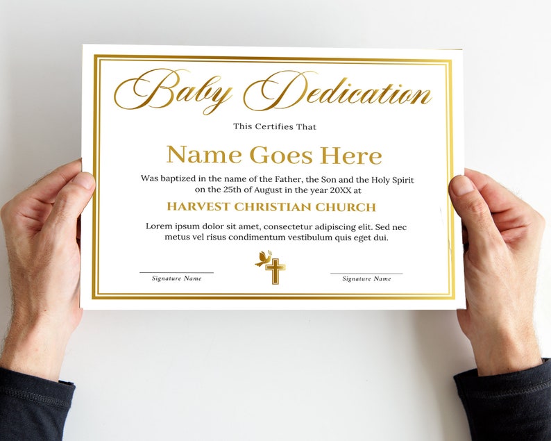 Baby Dedication Certificate Template Gold, Child Dedication, Editable