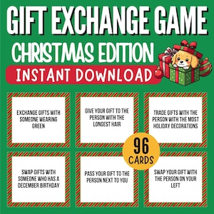 May include: A set of 96 Christmas-themed gift exchange game cards with red and green striped borders. The cards feature instructions for a fun and festive gift exchange game.  The text on the cards includes phrases like "Give your gift to the person with the longest hair" and "Swap gifts with someone who has a December birthday".