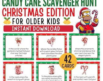 May include: A printable Christmas scavenger hunt game for older kids. The game features 42 cards with clues that involve finding candy canes hidden around the house. The cards feature illustrations of candy canes and Christmas decorations.