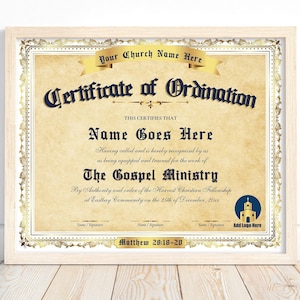 Ordination Certificate Template, Editable Ministry Certificate Of Ordination, Printable Ordained Minister