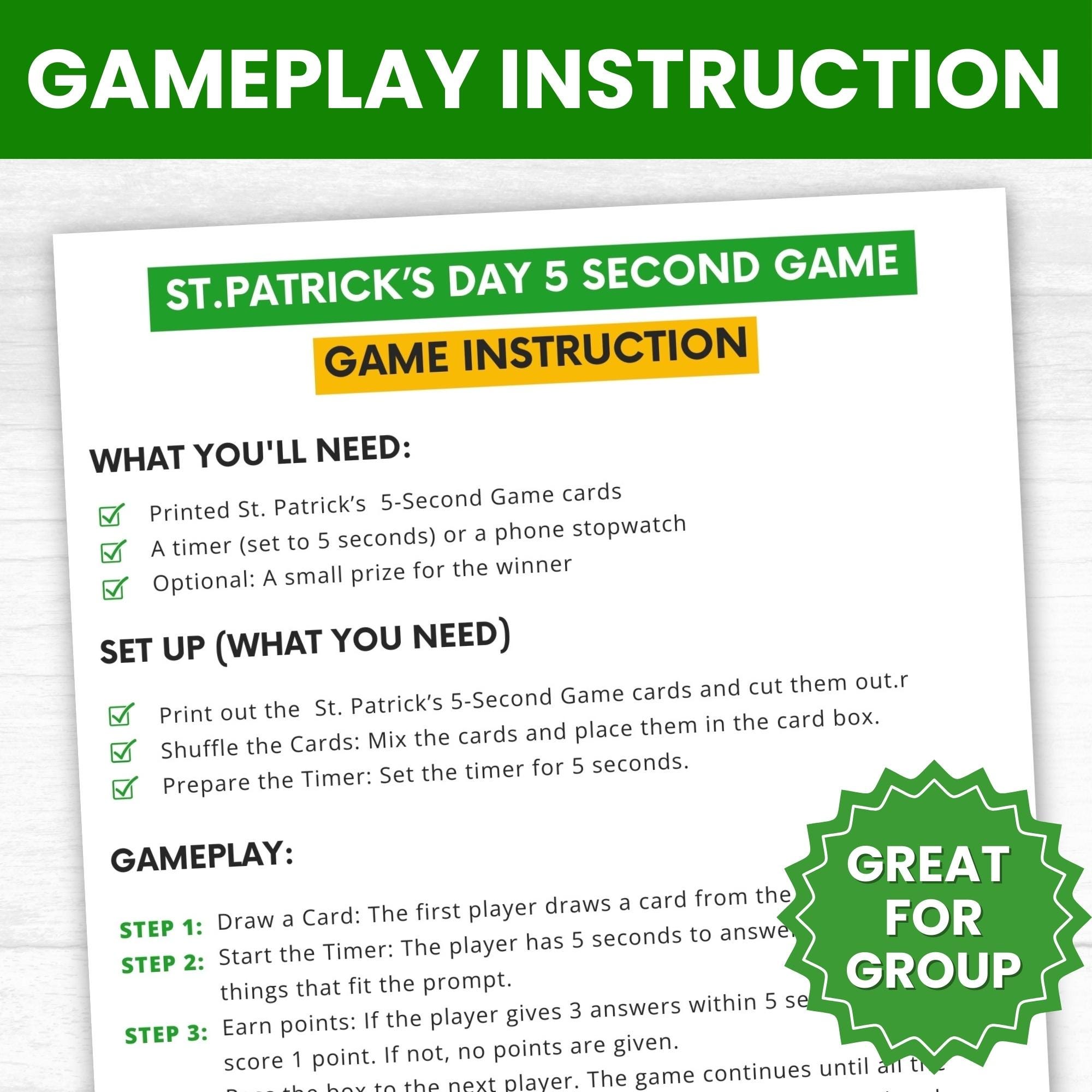 St. Patrick's Day 5 Second Game – Printable Party Challenge (instant ...