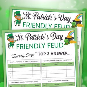 Könnte beinhalten: Ein druckbares St. Patrick's Day-Spiel namens "Friendly Feud" mit grünem Hintergrund und einer Kobold-Illustration. Das Spiel fordert die Spieler auf, die drei besten Antworten auf Fragen wie "Welche Farbe ist ein Muss an St. Patrick's Day?" und "Was ist ein traditionelles irisches Gericht?" zu erraten.
