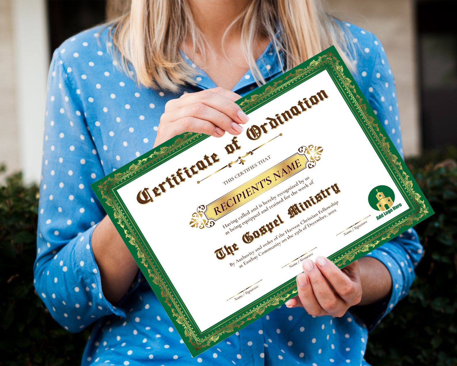 Certificate of Ordination Evangelist and Deacon Template Green DIY