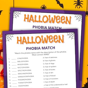 Halloween Phobia Match Game, Trivia, Family Fun (Printable)