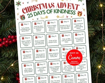 Christmas Kindness Advent Calendar: Family Activity Template (Canva Editable, Digital Download)