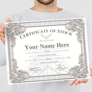 Certificate of Stock, Editable Stock Certificate Template, Certificate of Shares, Stock Market Gifts, Stock Template, Share of Stock