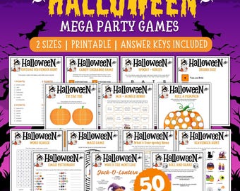 Op de afbeelding: Een verzameling Halloween-partyspellen met de titel "HALLOWEEN MEGA PARTY GAMES" in het geel. De afbeelding bevat verschillende spelkaarten met titels als "Costume Scavenger Hunt", "Tic Tac Toe" en "Roll a Pumpkin". De afbeelding bevat ook de tekst "50 Games".