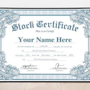 Customizable stock certificate with ornate borders and elegant typography. Perfect for corporate or investment use. Vintage, professional design. Use as share, equity or capital certificate. Instant download.