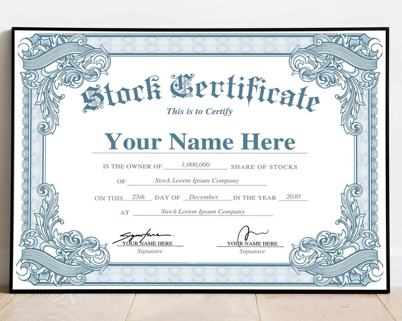 Customizable stock certificate with ornate borders and elegant typography. Perfect for corporate or investment use. Vintage, professional design. Use as share, equity or capital certificate. Instant download.