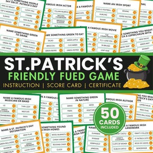 Könnte beinhalten: Ein grünes und goldenes St. Patrick's Day-Spiel mit 50 Karten. Die Karten zeigen verschiedene Kategorien wie irische Schauspieler, irisches Essen, irische Musik und irische Sehenswürdigkeiten. Das Spiel heißt "St. Patrick's Friendly Feud Game".