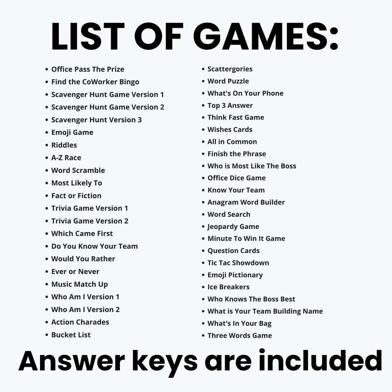 team building games, office party games, printable games, coworker games, icebreaker activities, workplace fun, happy hour ideas, team bonding, employee engagement, office trivia