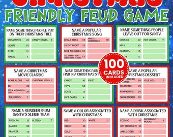 May include: A Christmas-themed game with 100 cards. The cards are divided into categories such as "Name something people put on their Christmas tree", "Name a popular Christmas song", "Name something people leave out for Santa", "Name a Christmas movie classic", "Name something you find in a Christmas stocking", "Name a popular Christmas dessert", "Name a reindeer from Santa's sleigh team", "Name a color associated with Christmas", and "Name a drink associated with Christmas".