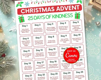 Editable 25 Days of Christmas Kindness Advent Calendar: Family Activity (Canva Template)