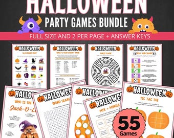 Op de afbeelding: Een Halloween-feestspellenbundel met diverse printbare spellen, waaronder een speurtocht, een doolhof en een woordzoeker. De bundel bevat 55 spellen, met de tekst "Halloween" en pompoenafbeeldingen op elk spelvel. De tekst "Direct downloaden - Printbaar" is ook inbegrepen.