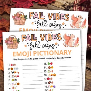 May include: A printable game card with the text "Fall Vibes" and a cute squirrel illustration. The card features a list of emojis and blank lines for players to guess the fall-related words and phrases.