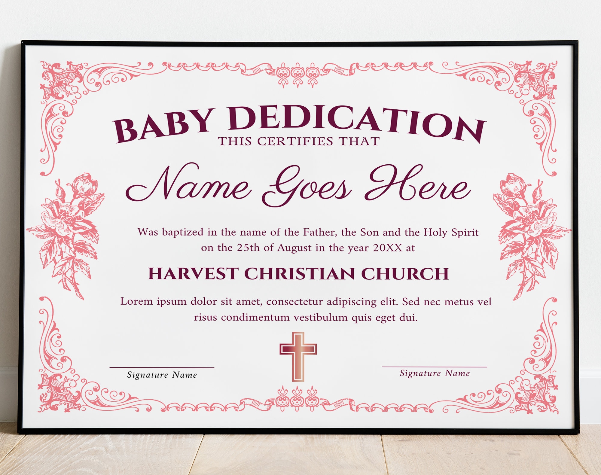 Baby Dedication Certificate Template, Child Dedication Certificate Pink