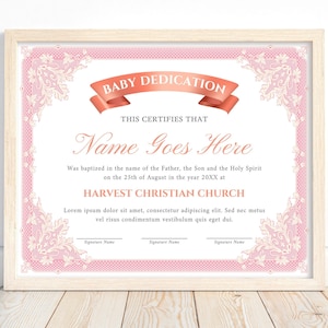 Baby Dedication Certificate Template Girl, Editable Baptism gift, Printables Baby Christening Dedication