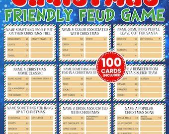 May include: A printable Christmas-themed game with 100 cards. The game is called "Christmas Friendly Feud Game". The cards have different categories and questions about Christmas, such as "Name something people put on their Christmas tree", "Name a color associated with Christmas", and "Name something people leave out for Santa".