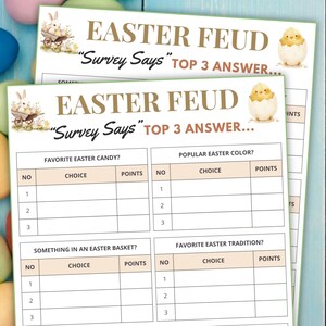 May include: Printable Easter Feud game with the title "Survey Says" and a list of Easter-themed questions and answer spaces. The game is designed for players to guess the top three answers to each question.