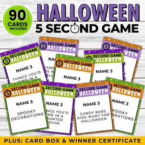Könnte beinhalten: Ein Set mit 90 Halloween-Karten mit glitzerndem Hintergrund. Die Karten zeigen den Text "Second Game Halloween" und "Name 3" mit verschiedenen Halloween-bezogenen Aufforderungen. Die Karten sind für ein 5-Sekunden-Spiel konzipiert.
