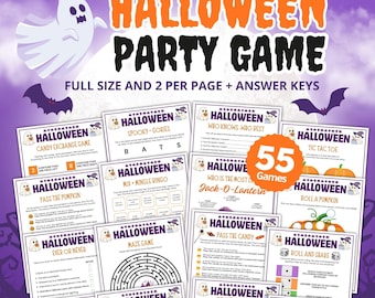 Op de afbeelding: Een verzameling Halloween-partyspellen met een paars en oranje thema. De afbeelding toont verschillende spelkaarten met titels als "Candy Exchange Game" en "Trivia Game", samen met een cirkel met "55 Games".
