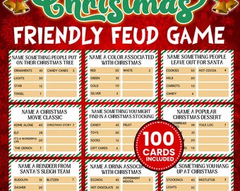 May include: A Christmas-themed Friendly Feud game with various categories and answers. The game includes categories like Christmas tree decorations, colors, Santa's treats, movies, stocking stuffers, desserts, drinks, and reindeer. The game includes 100 cards.