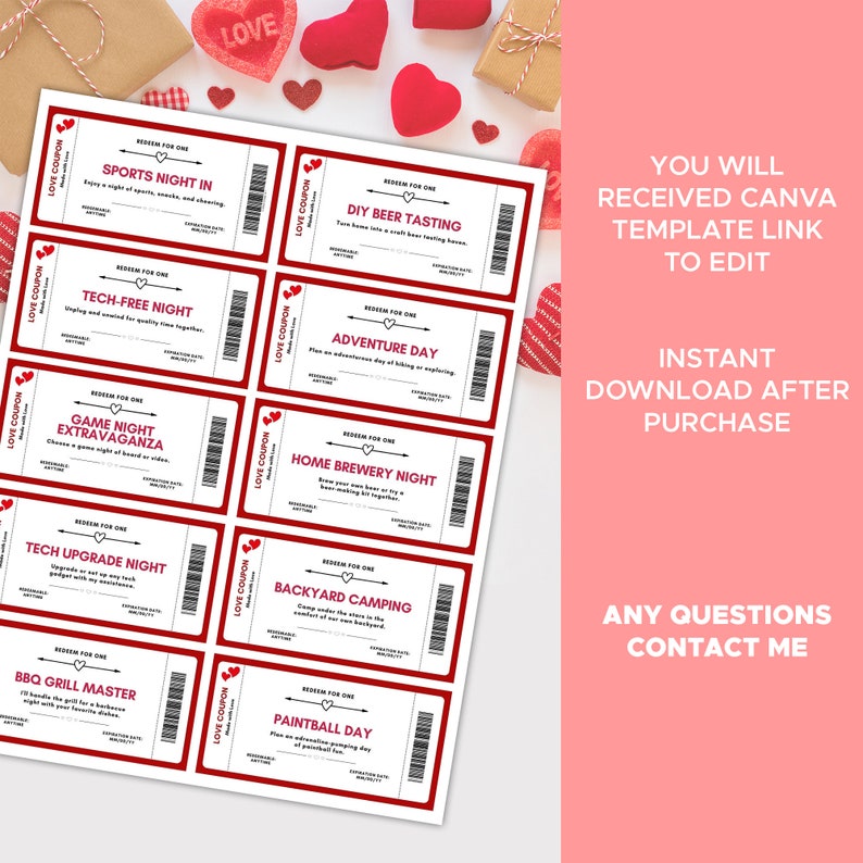 Fun Love Coupon Book, Printable Coupons for Boyfriend / Girlfriend, Gift for Her, Anniversary ...