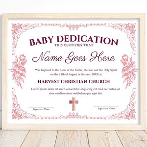 Baby Dedication Certificate Template, Child Dedication Certificate Pink for Girls Baptism Certificate, Printable Baby Christening