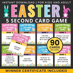 以下が含まれることがあります： 90枚のカードが付いた、印刷可能なイースターをテーマにした5秒カードゲーム。カードはカラフルで、ウサギ、卵、その他のイースターシンボルが描かれています。このゲームは、子供と大人のために設計されています。