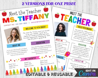 Colorful Meet The Teacher Editable Template Letter Flyer Set of 2 , Back To School Flyer, School Open House Classroom Newsletter Decor