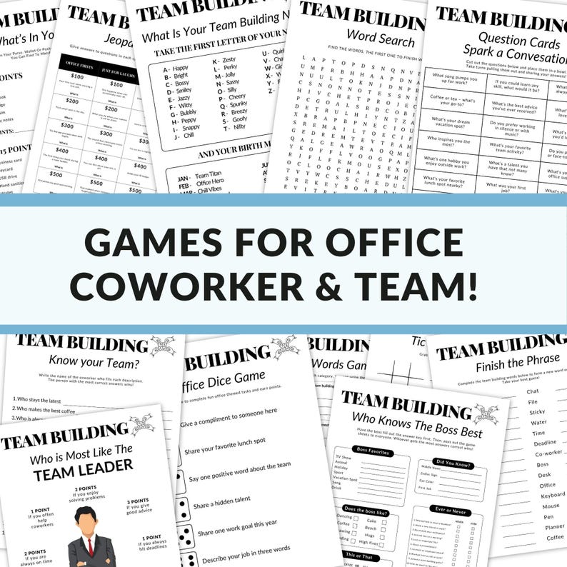 Printable team building games perfect for coworkers, office events, team bonding, and icebreaker activities. Fun games for happy hour, virtual meetings, or office parties.