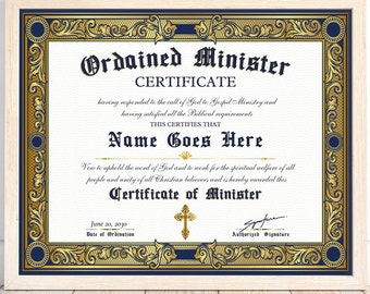 Editable Ordination Certificate Template, Blue & Gold (Canva)