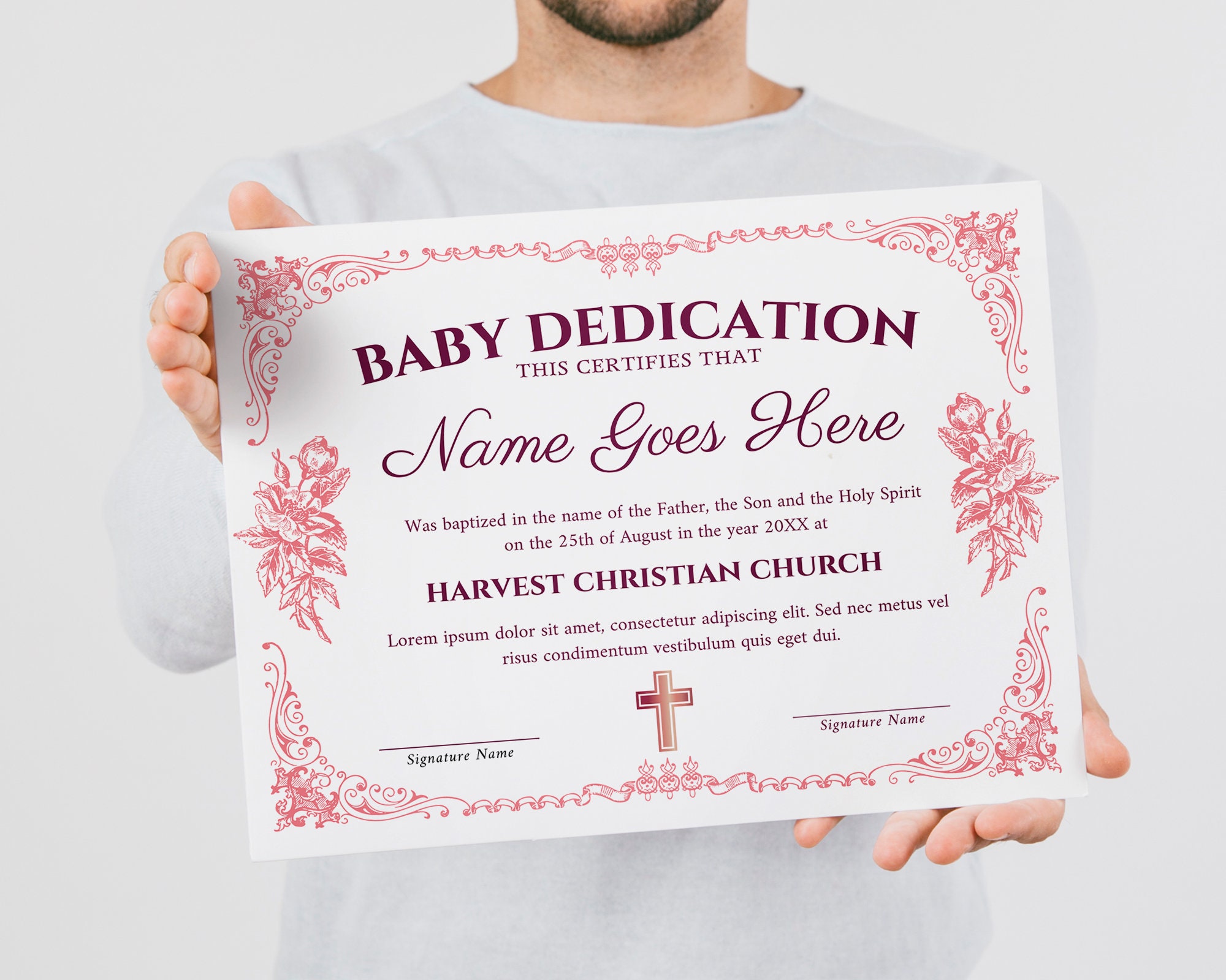 Baby Dedication Certificate Template, Child Dedication Certificate Pink