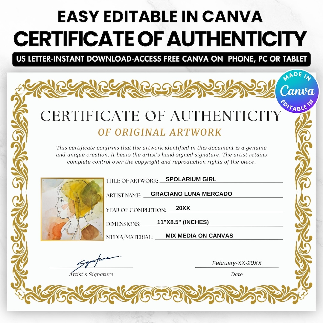 Editable Certificate of Authenticity Template for Artwork