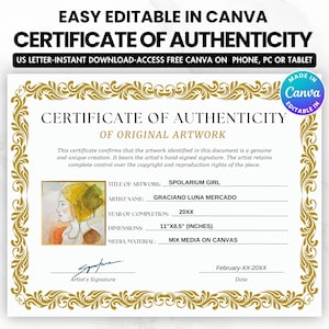 Editable Certificate Of Authenticity For Original Artwork Template, Certificate Of Authenticity For Artwork Artist COA Canva Template