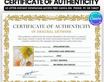 Editable Certificate of Authenticity Template for Artwork (Editable Tempalte) (Digital Download)