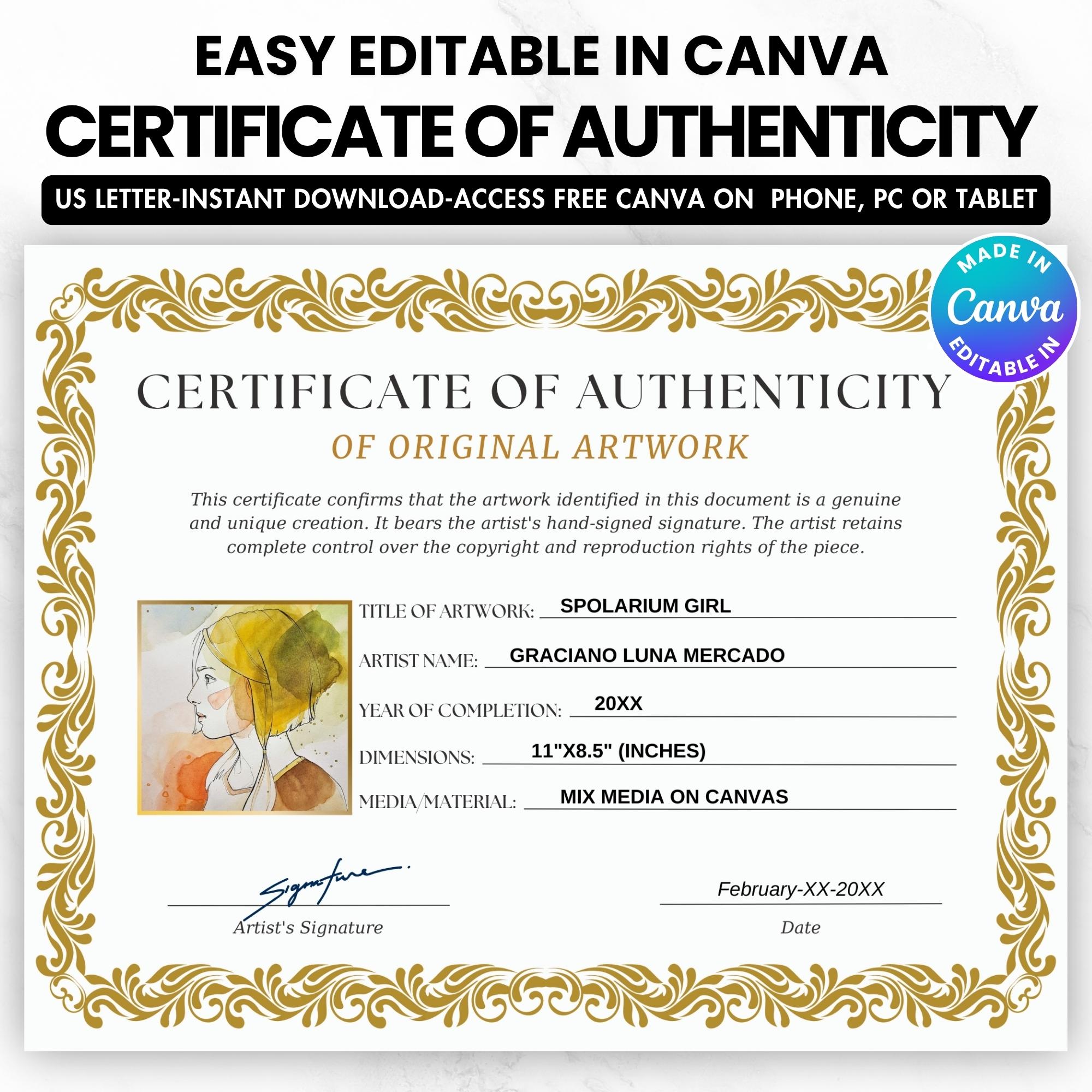Editable Certificate of Authenticity Template for Artwork