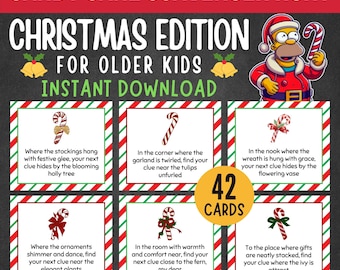 May include: A Christmas-themed scavenger hunt game with candy cane illustrations. The game includes 42 cards and features text that reads "Candy Cane Scavenger Hunt Christmas Edition For Older Kids Instant Download."